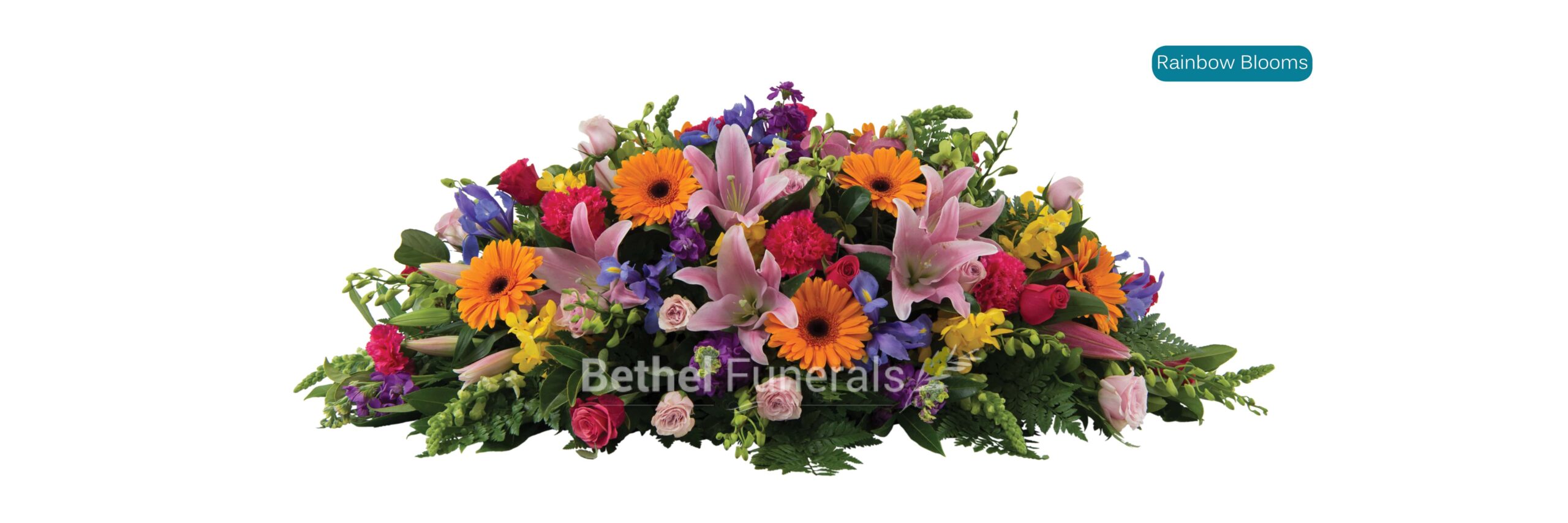 Rainbow blooms funeral flowers